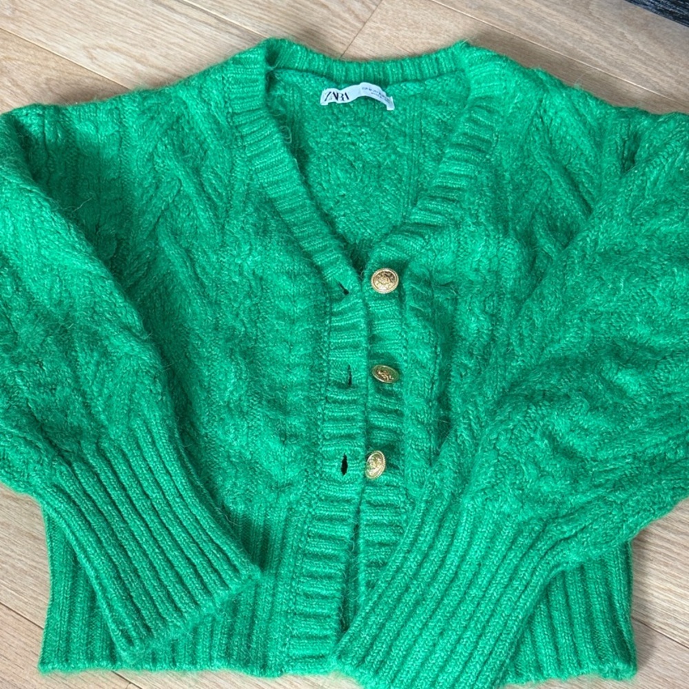 Zara Green Cable Knit Cardigan Sweater